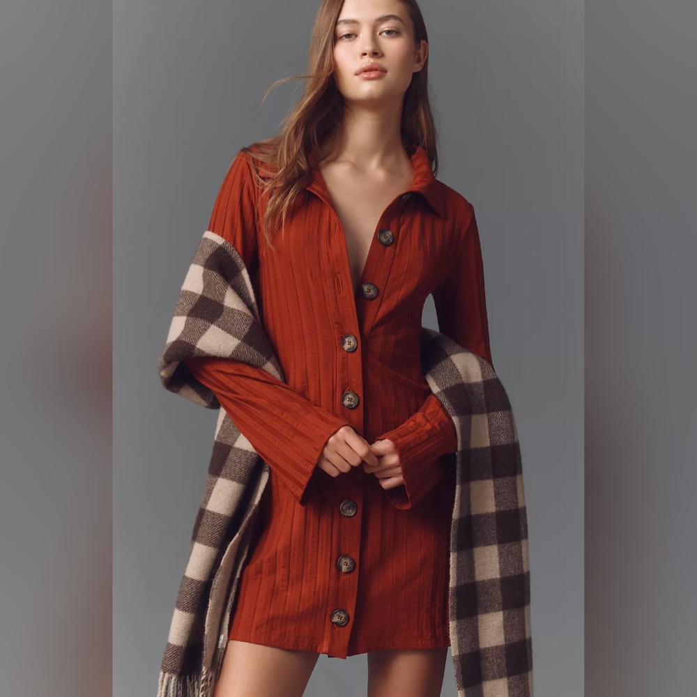 NWT! Anthropologie Reformation Benton Ribbed Button-Front Sweater Mini Dress Xs